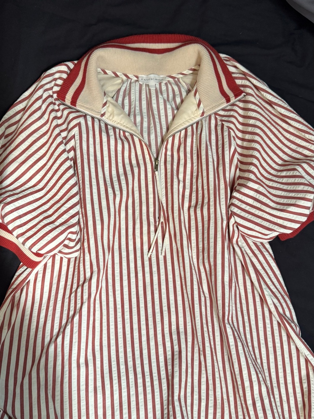 Entro Rust and Ivory Striped Short Sleeve Zip Polo Blouse
